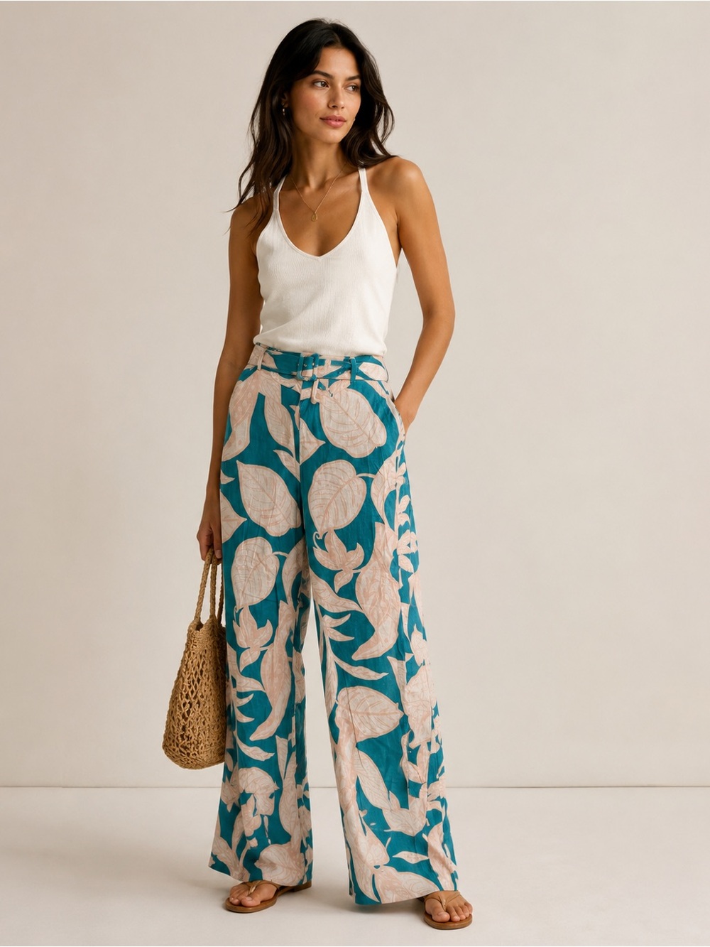 Rachel Zoe Teal Wide Leg Linen-Blend Pants with Cream Leaf Print